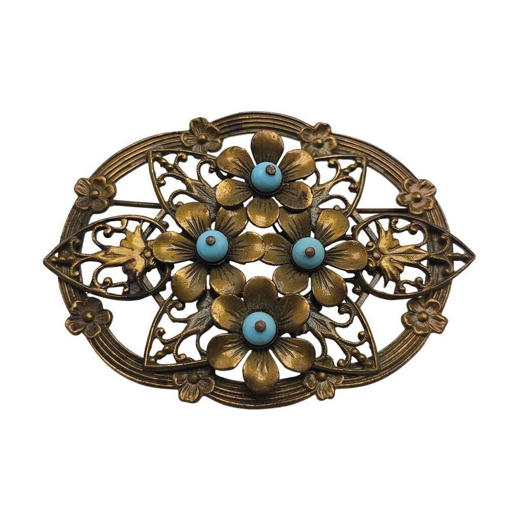 Early Vintage Brass Open Metal Flower Brooch w Turquoise Blue Accents